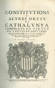 La compilació de les Constitucions catalanes sorgida de les Corts de 1701-1702. Font: Viquipèdia