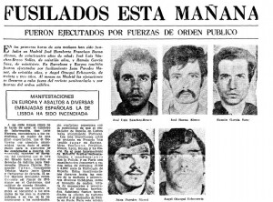 Notícia sobre els cinc executats el 17 de setembre de 1975, al diari franquista Pueblo. Font: Pueblo
