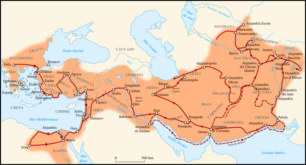 Mapa de l'Imperi Alexandre el Gran en moment de màxima esplendor territorial. Abarca des dels Balcans fins a tocar la Índia i des dels Urals fins a l'actual Etiopia. Font: Wikipedia