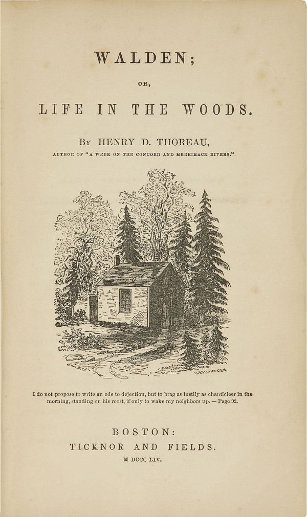 Portada original de la seva obra Walden, o la vida als boscos, publicada a Boston el 9 d’agost de 1854. En ella s’observa un dibuix de la cabana a la que visqué Thoreau durant la seva estada de dos anys, dos mesos i dos dies al bosc. Font: Psymon.