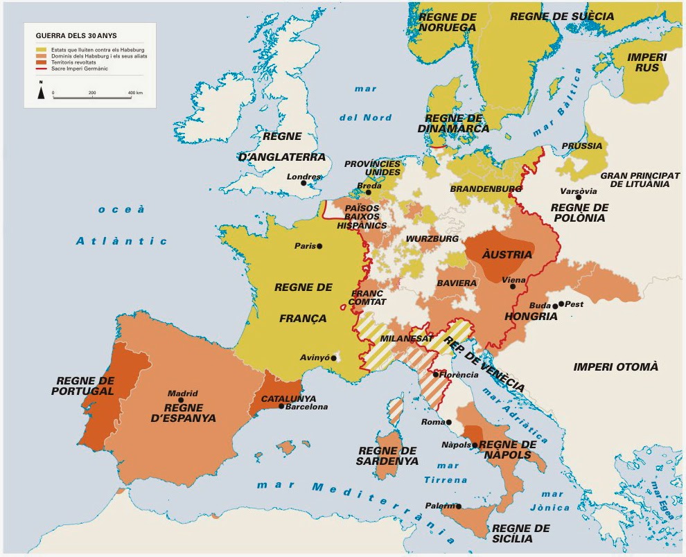 Mapa de la divisió dels blocs enfrontants durant la Guerra dels Trenta Anys (1618-1648). Font: Javier Cordera