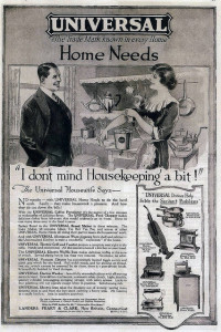 Anunci de la marca nord-americana Universal Appliances. La dona li diu al marit "No m'importa fer la neteja una mica!" (1920) Font: Flickr