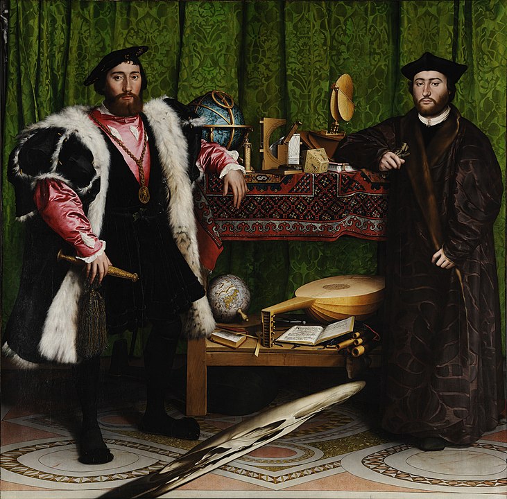 Quadre de text:   Els embaixadors (1533), pintura de Hans Holbein el Jove, en la que hi apareixen varis objectes i instruments matemàtics relacionats amb el poder.  Font: Viquipèdia. 