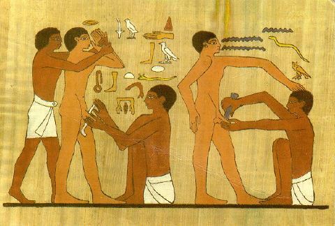 La primera referència històrica de la circumcisió les constitueixen les representacions iconogràfiques egípcies localitzades a la tomba d’Ankhmahor, a Saqqara. Aquestes datarien d’entre el 2.400 i el 2.300 abans de Crist. La present imatge és una representació en color de l’original. Font: Viquipèdia.