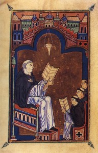Imatge 4: Hug de Sant Víctor ensenyant un grup de monjos. (Bodlein Library Oxford, Laud Misc. 409, fol. 003v.)