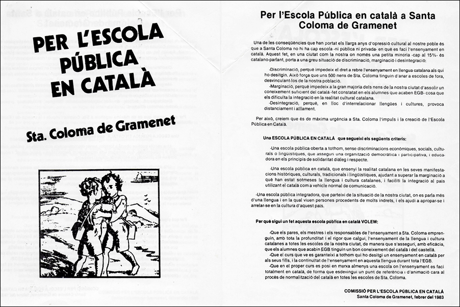Díptic editat per la Comissió per l'Escola Pública en Català de Santa Coloma de Gramenet al febrer de 1983. Font: elsaltodiario.com