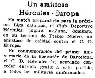 Retall de la premsa anunciant el duel Hércules (Júpiter)-Europa (1940). Font: Hemeroteca Mundo Deportivo 