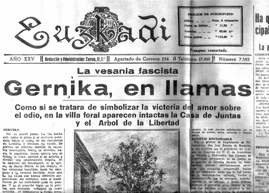 Reportatge del diari nacionalista “Euzkadi” que parla de la no destrucció tant de l’Arbre com de la Casa de Juntas de Gernika. Font: Fundación Museo de la Paz de Gernika.