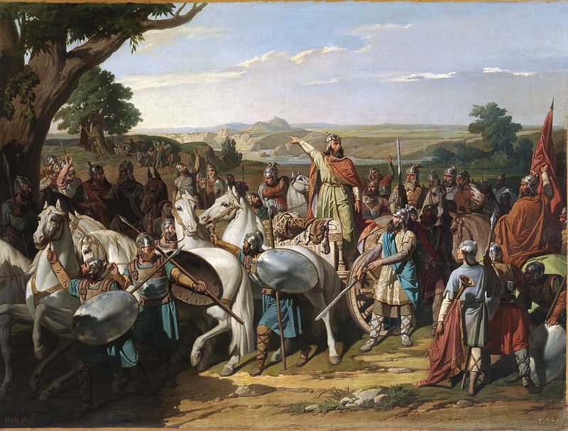 El rey Don Rodrigo arengando a sus tropas en la batalla de Guadalete, de Bernardo Blanco. 1871. Representa a les tropes visigodes a la batalla de Guadalete.
