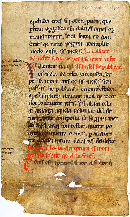 Fragment d'una versió en català del Liber Iudiciorum, reproducció digital del manuscrit de la Biblioteca de l'Abadia de Montserrat (Font: Viquipèdia)