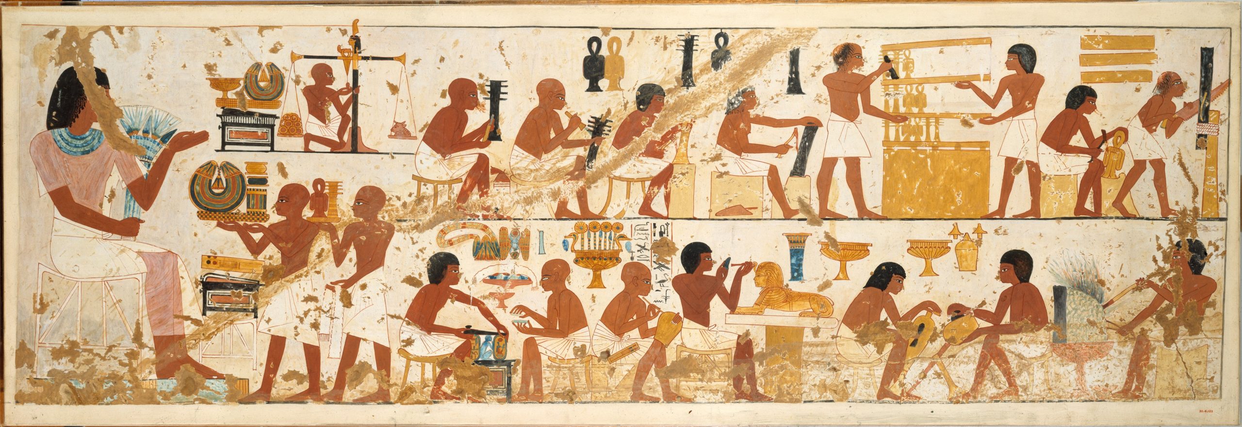  Facsímil d’una de les pintures murals de la tomba de Nebamun i Ipuky (TT181) amb la representació de joiers, fusters i treballadors del metall. Font: Viquipèdia.
