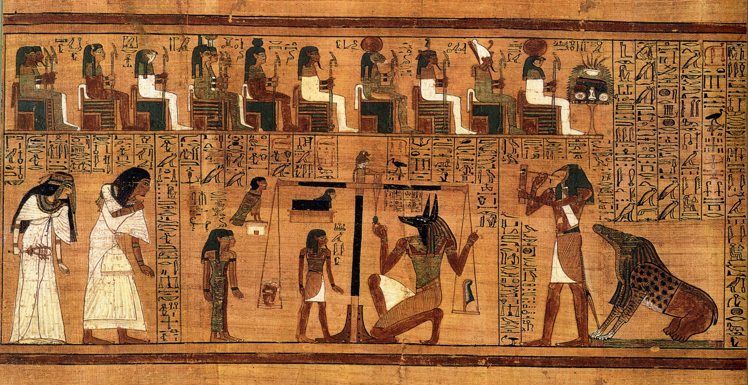 Imatge de l’escena del judici del difunt davant Osiris procedent del Llibre dels Morts d’Ani, actualment conservat al British Museum de Londres. Font: Viquipèdia.