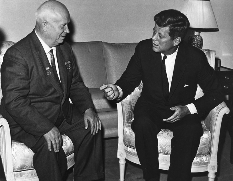PX 96-33:12 03 June 1961 President Kennedy meets with Chairman Khrushchev at the U. S. Embassy residence, Vienna. U. S. Dept. of State photograph in the John Fitzgerald Kennedy Library, Boston.