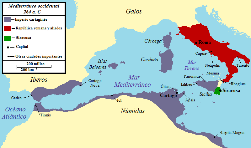 Mapa del mar mediterrani occidental al 264 a.C., abans de l’esclat de la Primera Guerra Púnica (Font: Viquipèdia)