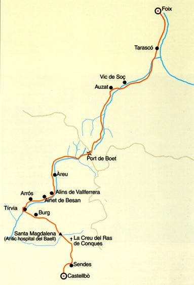 Mapa d’una de les rutes transhumants més transitades a l’Edat Mitjana entre Foix i Castellbò. Font: GASCÓN CHOPO, CARLES, 2003.