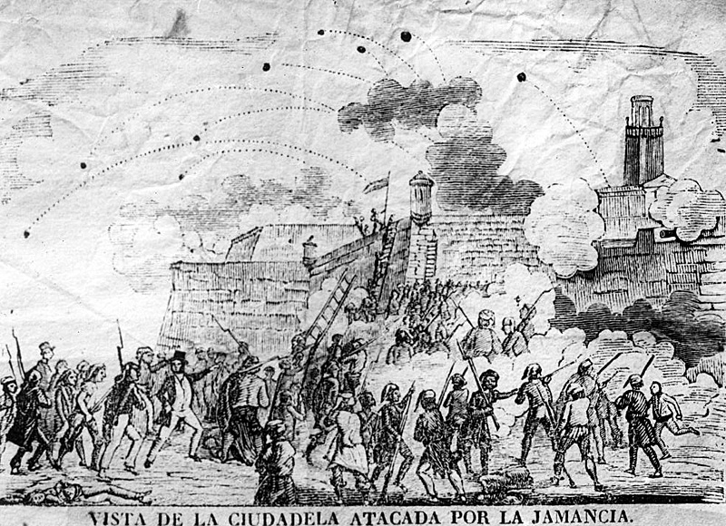 Gravat de l'època en el que es veuen els atacs a la muralla de Ciutadella durant la revolta de la Jamància. Font: Enciclopèdia Catalana