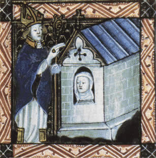 Portada. Miniatura d’un bisbe beneint la reclusió d’una murada (Font: Viquipèdia)