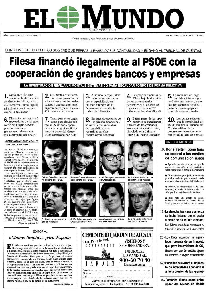 Portada de "El Mundo" enunciant el "cas Filesa", el primer gran escàndol de corrupció de la democràcia. Font: El Mundo