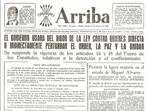Portada del diari "Arriba" durant els Sucesos de 1956 a Madrid