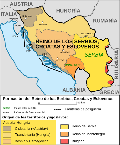 Mapa del Regne dels Serbis, Croats i Eslovens, 1918. Font: Wikimedia Commons