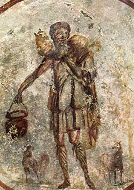 Representació de Jesús com el Bon Pastor, s.III, a les catacombes de Sant Calixt, Roma (Font: Viquipèdia)