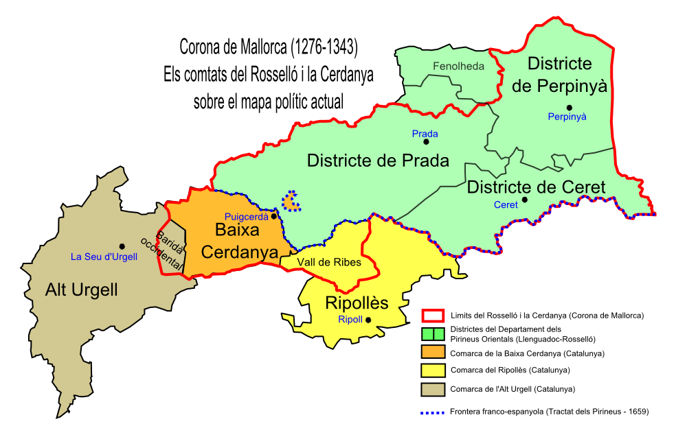 Divisió dels antics comtats del Rosselló i la Cerdanya en un mapa polític actual. Font: Creative Commons
