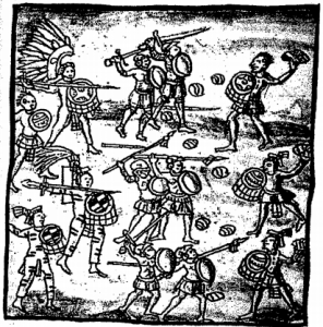 Il·lustració del segle XVI on es veu els castellans amb els seus aliats tlaxcalteques lluitant contra els mexiques, que els llancen pedres. Font: Los siete mitos de la conquista española, Matthew Restall.