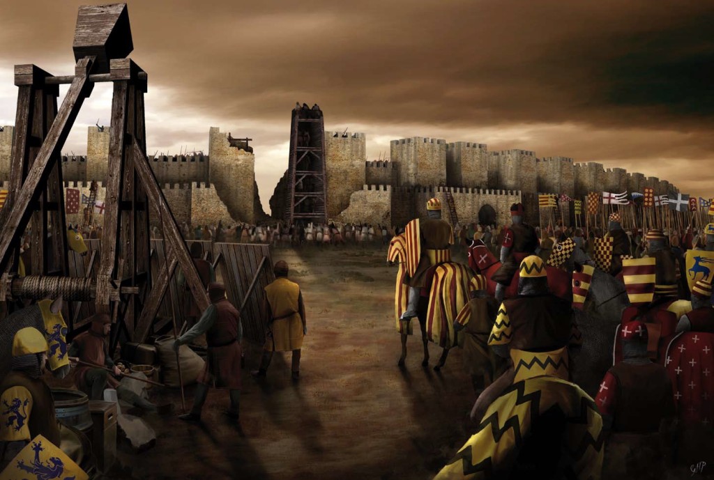 Host de cavalleria pesada, liderada per Jaume I, i peons fent tasques de setge contra la ciutat musulmana de Mallorca/Mayurqa. Font: Els exèrcits de Jaume I el Conqueridor.