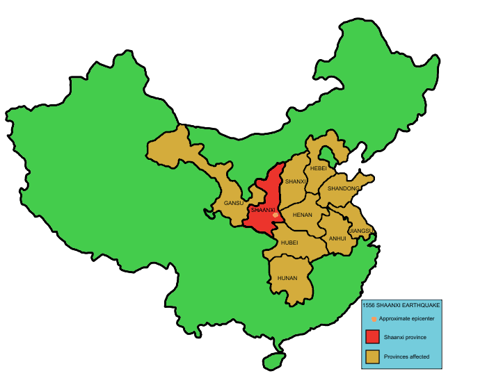Mapa de la Xina. En vermell, la província de Shaanxi. En groc, altres províncies que es van veure afectades pel terratrèmol. Font: Wikipedia.