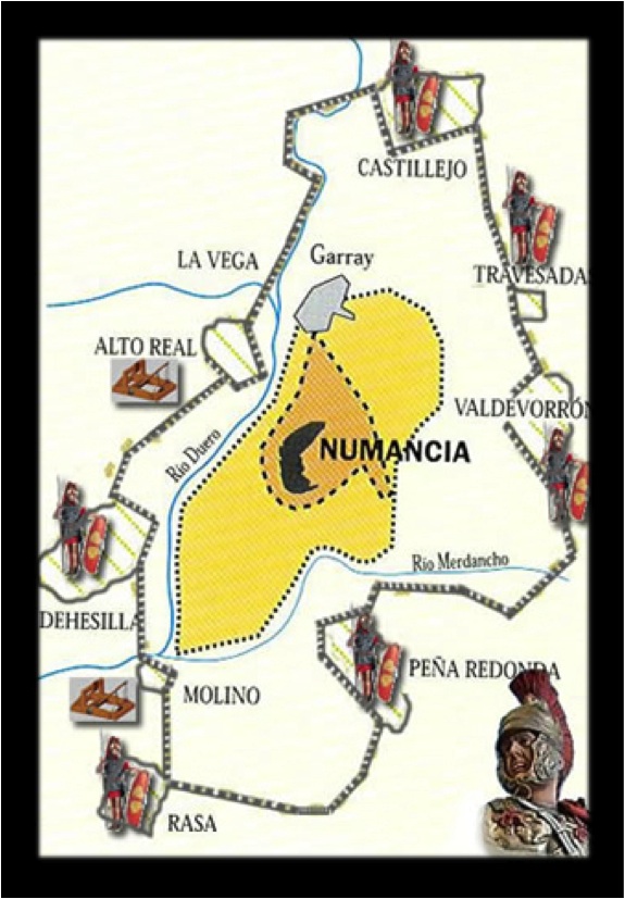Imatge del mur i els campaments aixecats per Escipió durant el setge a Numància. Font: batallasdeguerra.com 