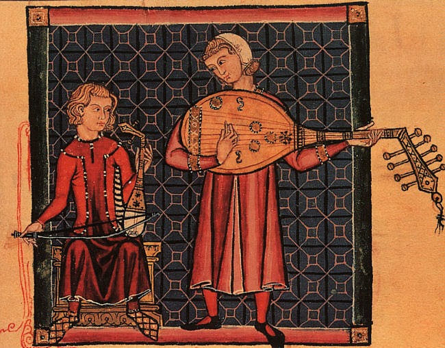 Miniatura en què es representen dos trobadors amb els seus instruments particulars. Font: http://www.musicaantigua.com/cantigas-de-santa-maria-for-singers/