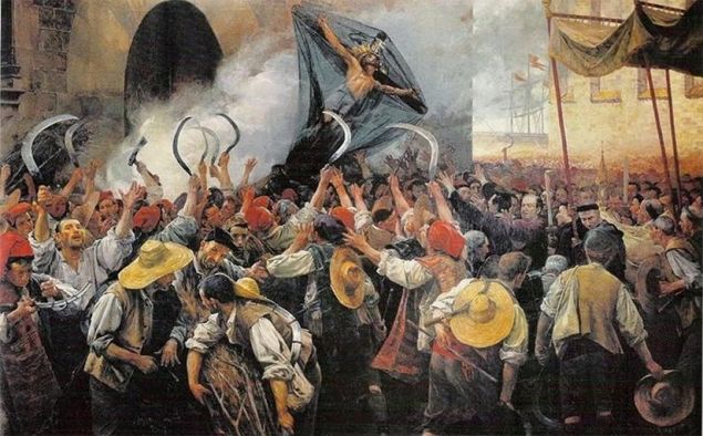 El Corpus de Sang, d’Antoni Estruch (1907). L’esdeveniment va marcar l’inici de la revolta popular que, junt amb el gir de l’elit política catalana, acabaria desembocant en la Guerra dels Segadors o de Separació. Font: Sàpiens