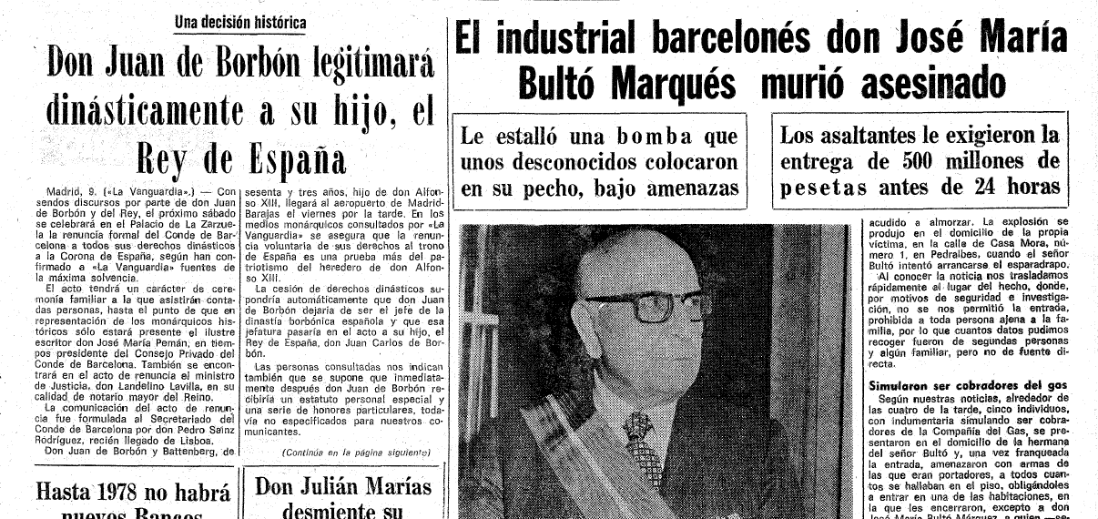 Notícia a La Vanguardia Española del 10 de maig de 1977 on s'anuncia la mort de l'empresari català, en plena transició. Font: Hemeroteca de La Vanguardia