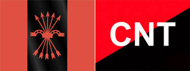 A la dreta la bandera falangista; a l'esquerra la bandera de la CNT. Font: Esradio