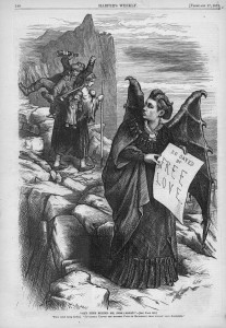 Gravat de 1872 protagonitzat per la sufragista Victoria Woodhull (1838-1927) representada com a "Mrs. Satan" i amb un cartell amb la inscripció "free love", de Thomas Nest. Font: americanhistoryusa.com 