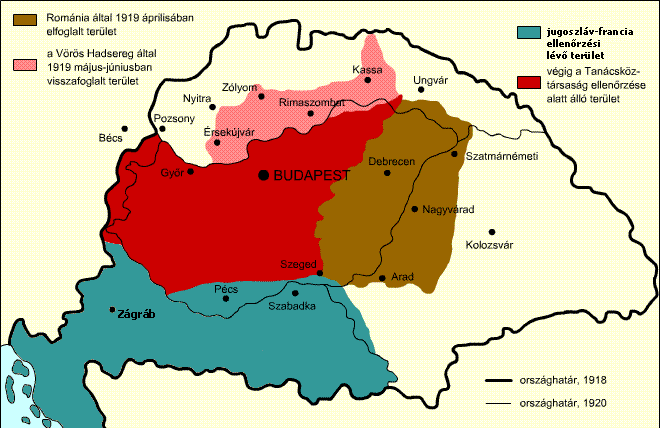 Els límits territorials de la República Soviètica Hongaresa. En vermell fosc, el territori controlat per la República Soviètica; en roig clar, el territori d’Eslovàquia ocupat per l’exèrcit roig; en blau, territori iugoslau supervisat per forces franceses; en marró, territori ocupat per Romania. Font: Viquipèdia.