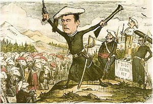 Caricatura sobre la relació del carlisme amb el clergat de la revista satírica La Flaca, de 1870, amb el trilema carlí Dios, Patria y Rey. Font: Wikipedia
